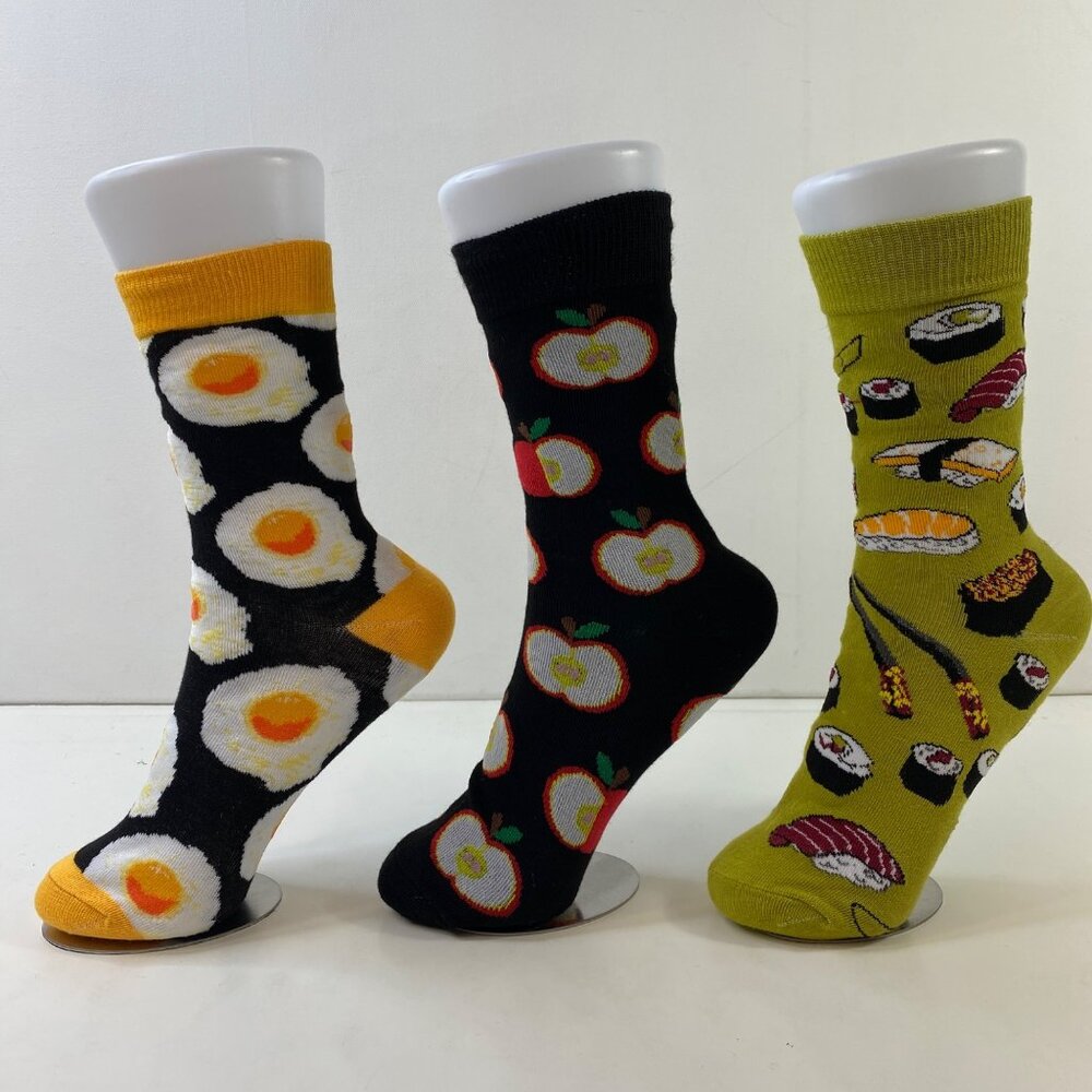 Unisex Crew Socks Set 3 Fried Egg Apple Sushi Print Black Green Yellow White